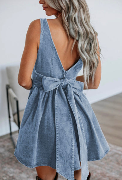 Denim Crush Bowknot A-Line Sleeveless Denim Dress