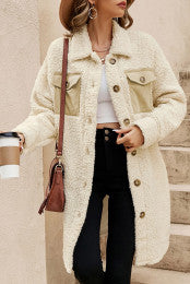 Contrast Pocket Long Teddy Coat