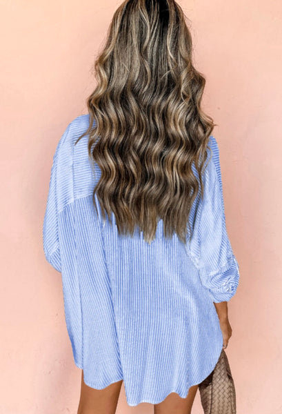 Pin Up Girl Blue Striped Collared Long Sleeve