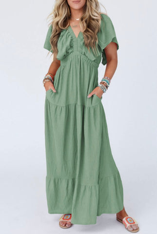 Olive Meadow Flutter Sleeve Maxi Dress