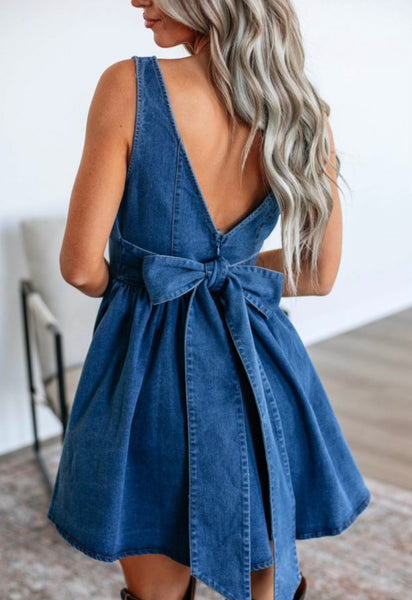 Denim Crush Bowknot A-Line Sleeveless Denim Dress