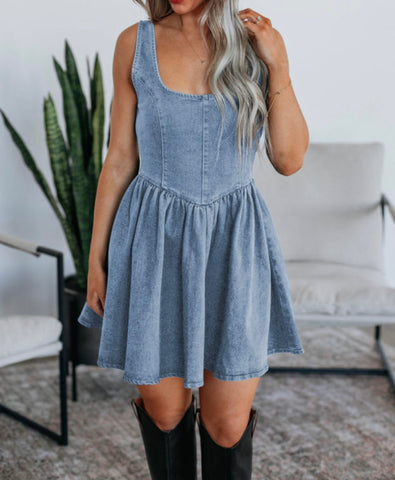 Denim Crush Bowknot A-Line Sleeveless Denim Dress