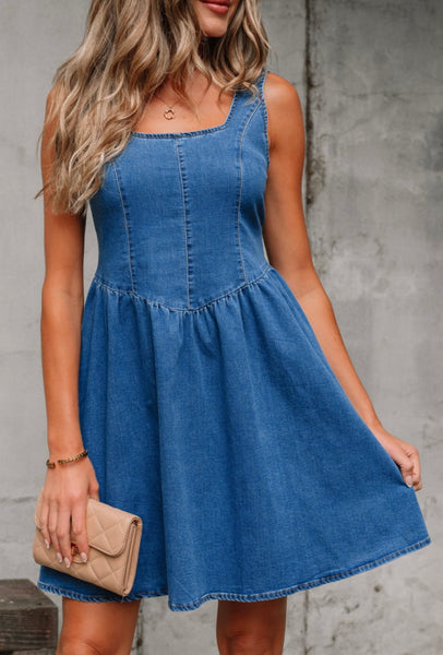 Denim Crush Bowknot A-Line Sleeveless Denim Dress