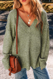 Loose Eyelet V-Neck Drop Shoulder Sweater