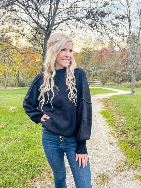 Black Soirée Oversized Bubble Sleeve Sweater - the Blushing Ivy Boutique LLC - 