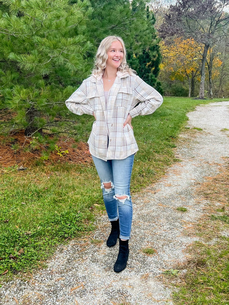 Fall Vibes Hooded Plaid Shacket (Beige/Nude) - the Blushing Ivy Boutique LLC - Outerwear - 