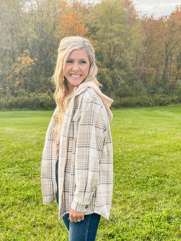 Fall Vibes Hooded Plaid Shacket (Beige/Nude) - the Blushing Ivy Boutique LLC - Outerwear - 