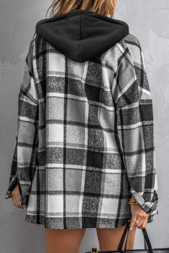 Fall Vibes Hooded Plaid Shacket (Black) - the Blushing Ivy Boutique LLC - 