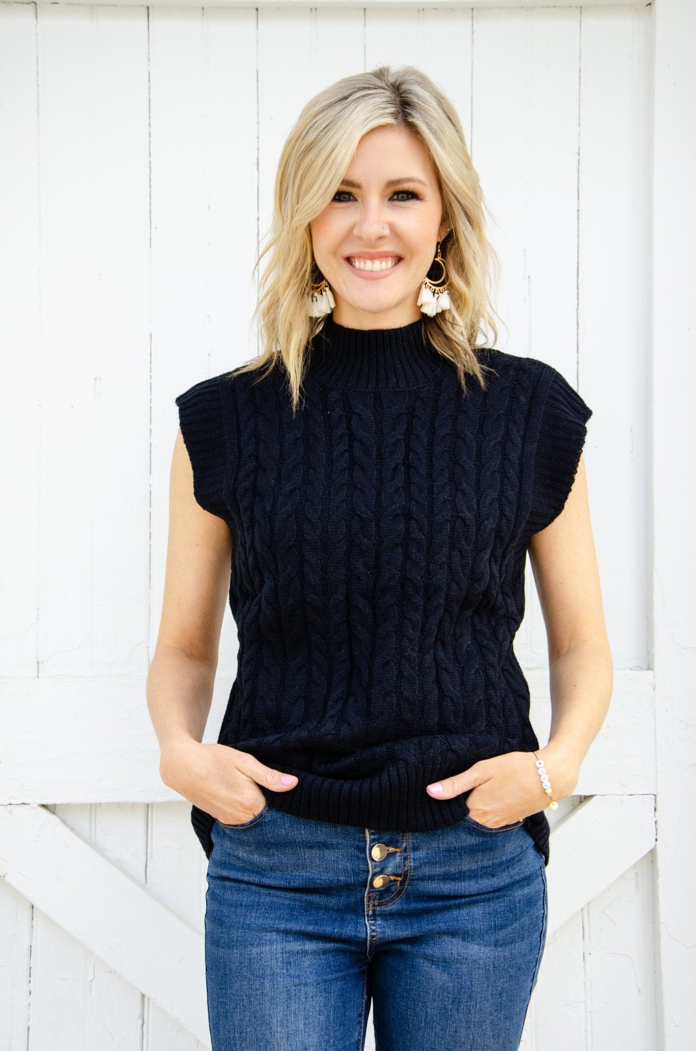 Freya Cable Knit Smock Neck Sleeveless Sweater - the Blushing Ivy Boutique LLC - 