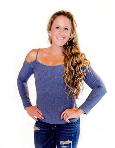 Seamless Cold Shoulder Top - Heather Blue - the Blushing Ivy Boutique LLC - Tops - 