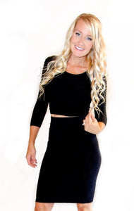 Seamless Ribbed 3/4 Sleeve Crop Top - Black - the Blushing Ivy Boutique LLC - Tops - 