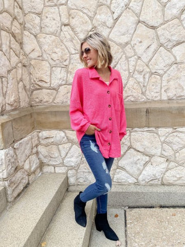 Sweet Secrets Hot Pink Waffle Knit Top - the Blushing Ivy Boutique LLC - 