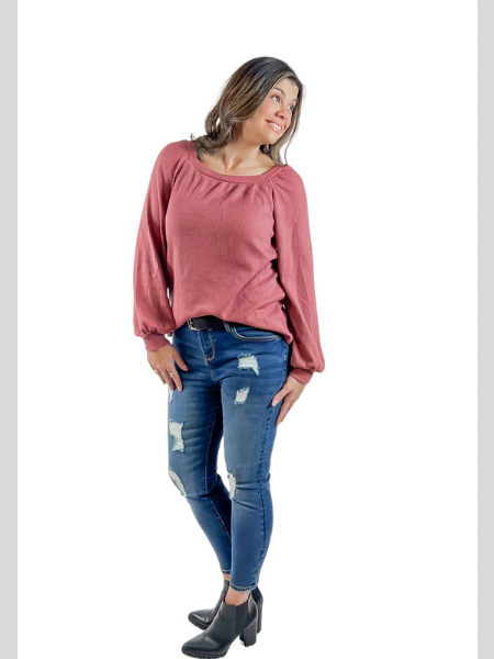 New Obsession Mauve Waffle Knit Long Sleeve Top