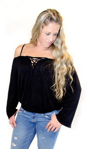 Blacked Out Lace Up Off Shoulder Top